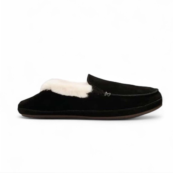 OluKai Women's Ku'una Black Nubuck Leather Slippers with Soft Shearling Size 9 - Picture 2 of 6
